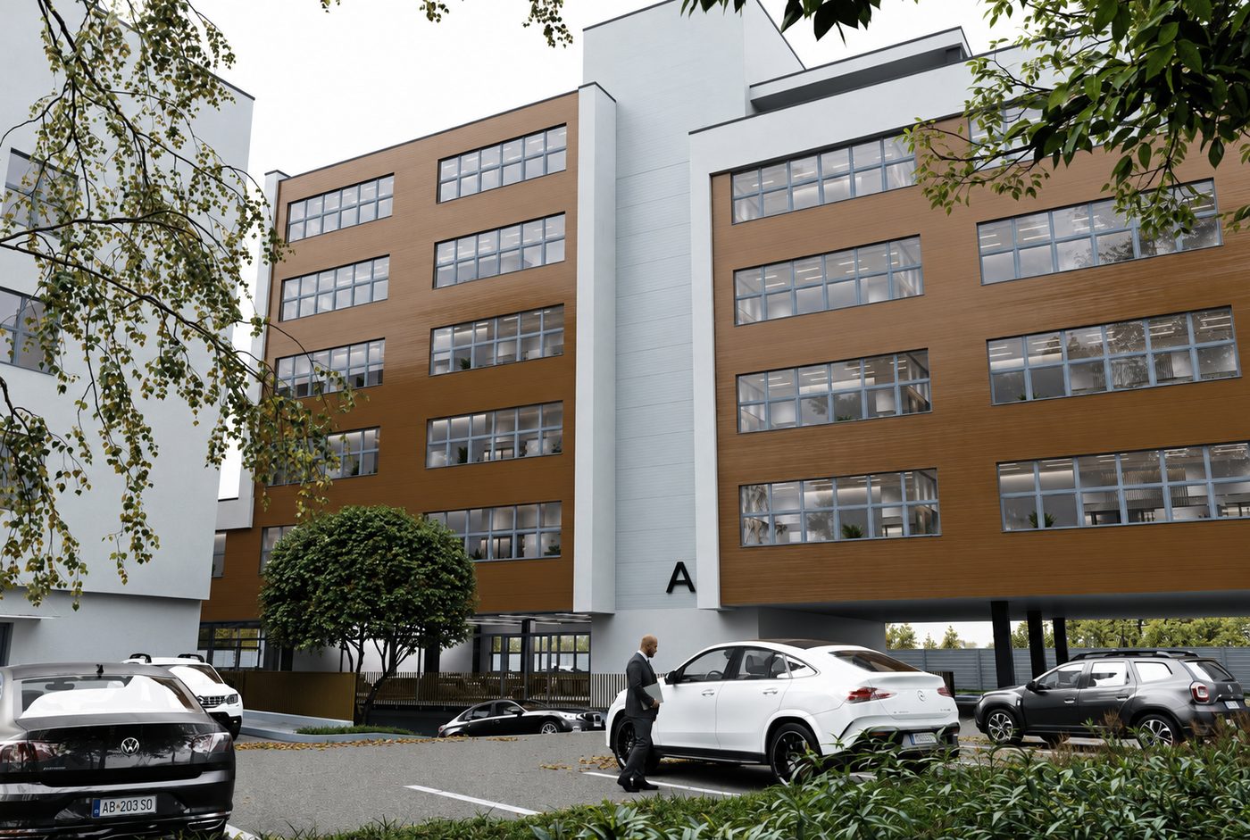Vizualizácia projektu medcor klinika na Zavarskej 13 v Trnave — pohľad na budovu A s drevenou fasádou a parkovaním pred vstupom.