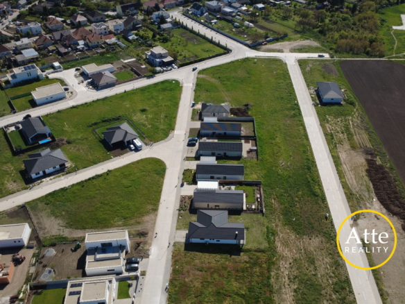 Aerial view of a suburban neighborhood with intersecting roads, rows of houses and gardens, and a large plowed field on the right; watermark reads Arte Realty.